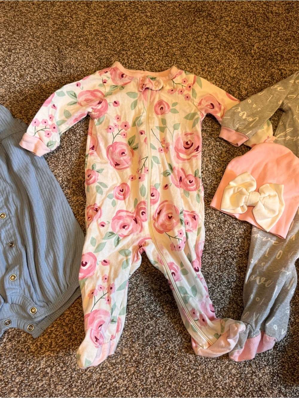 Bundle with Pink Floral Baby One-Piece Zipper Footed Sleeper Blue outfit